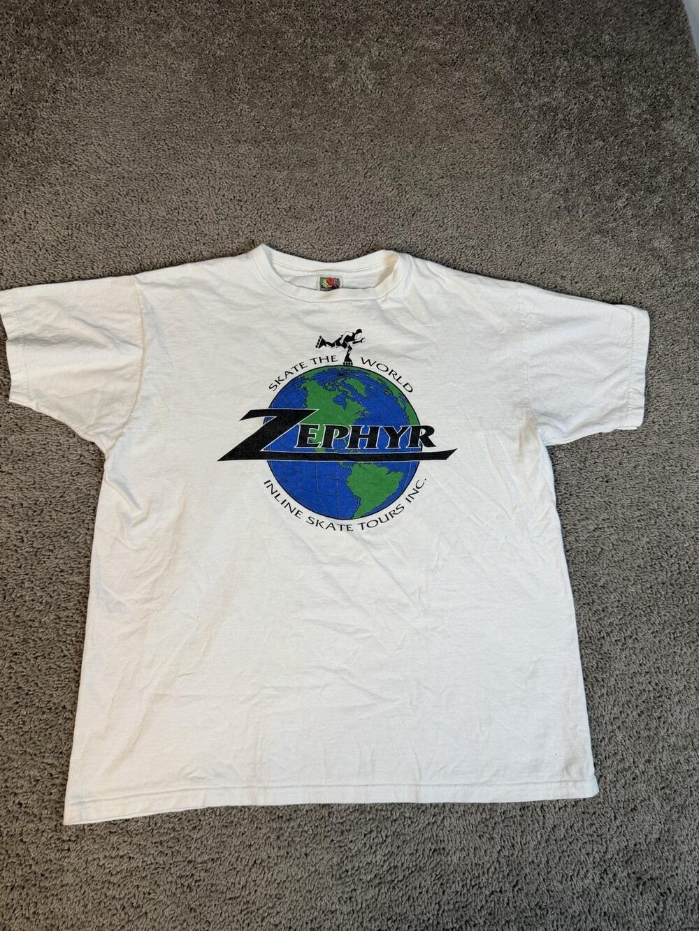 Vintage Zephyr Shirt Mens XL White Skate The World Graphic Crew Neck Y2K